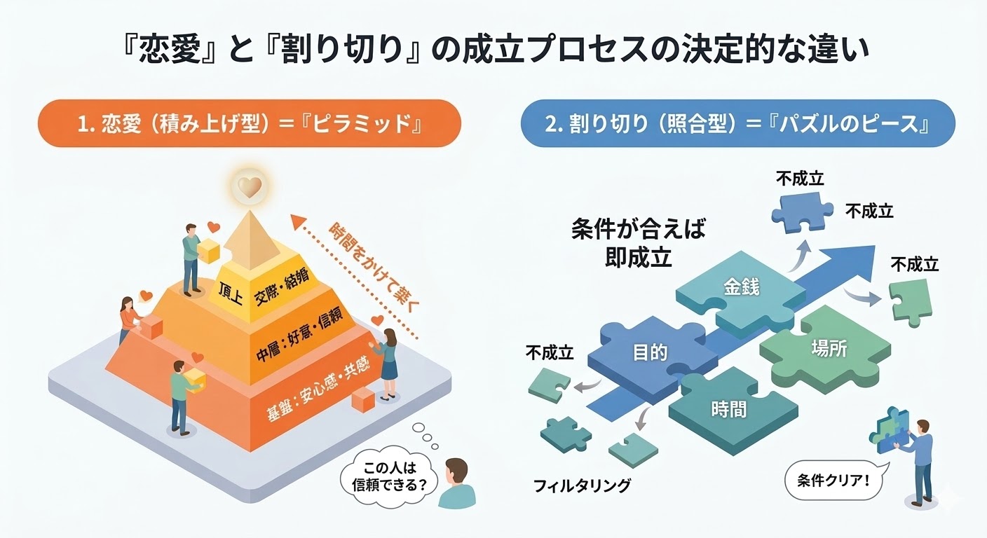 恋愛と割り切りの成立プロセスの違いを図解したピラミッドとパズルの比較イメージ